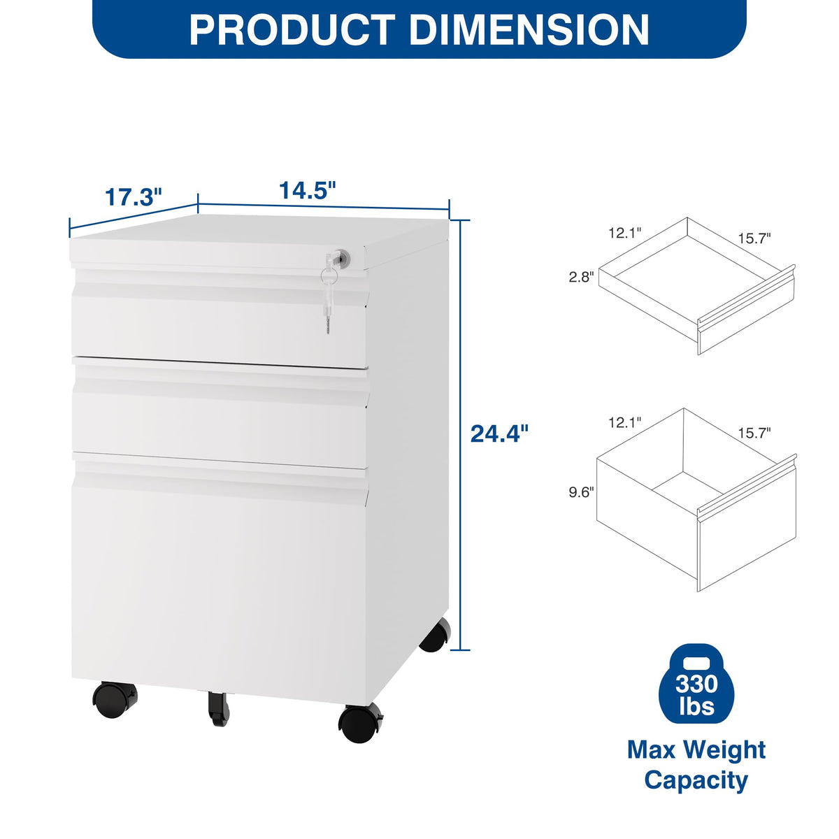 White 3 Drawer Metal File Cabinet with Lock B510