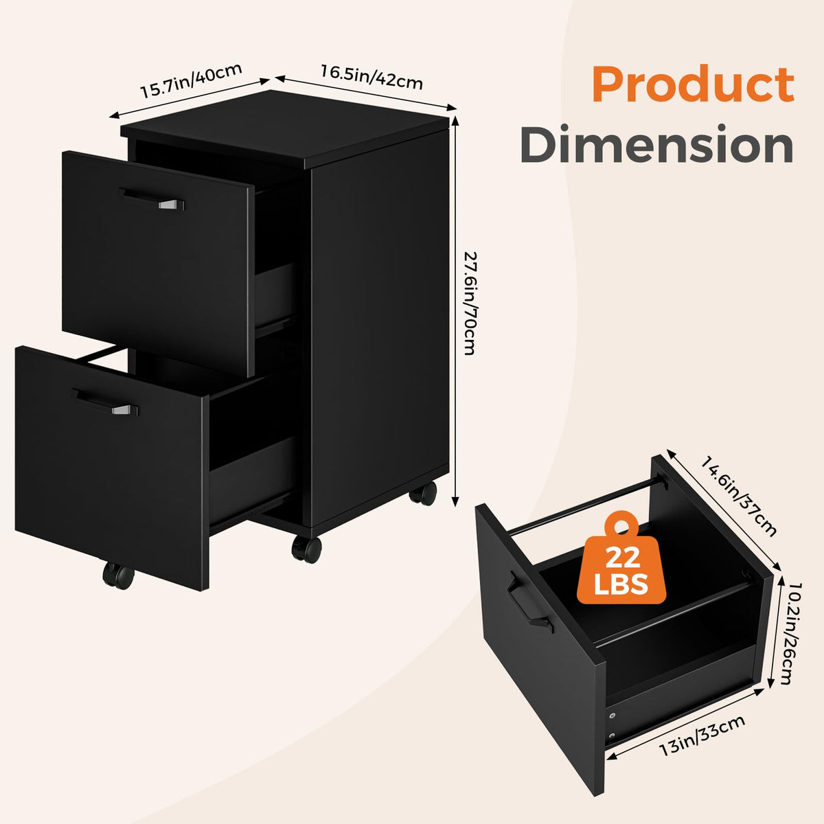 Black 2 Drawer Rolling Wood Filing Cabinet Q6877