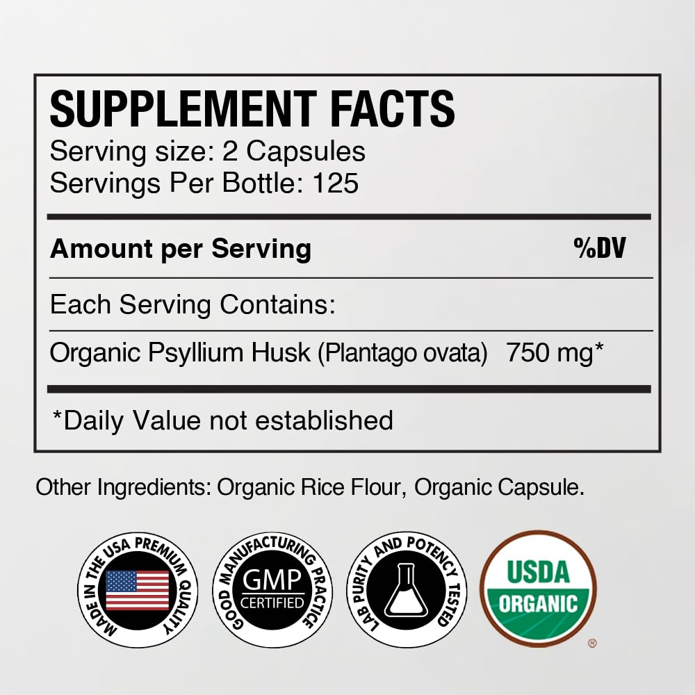 Organic Psyllium Husk Capsules 750 mg, 250 Capsules G36364