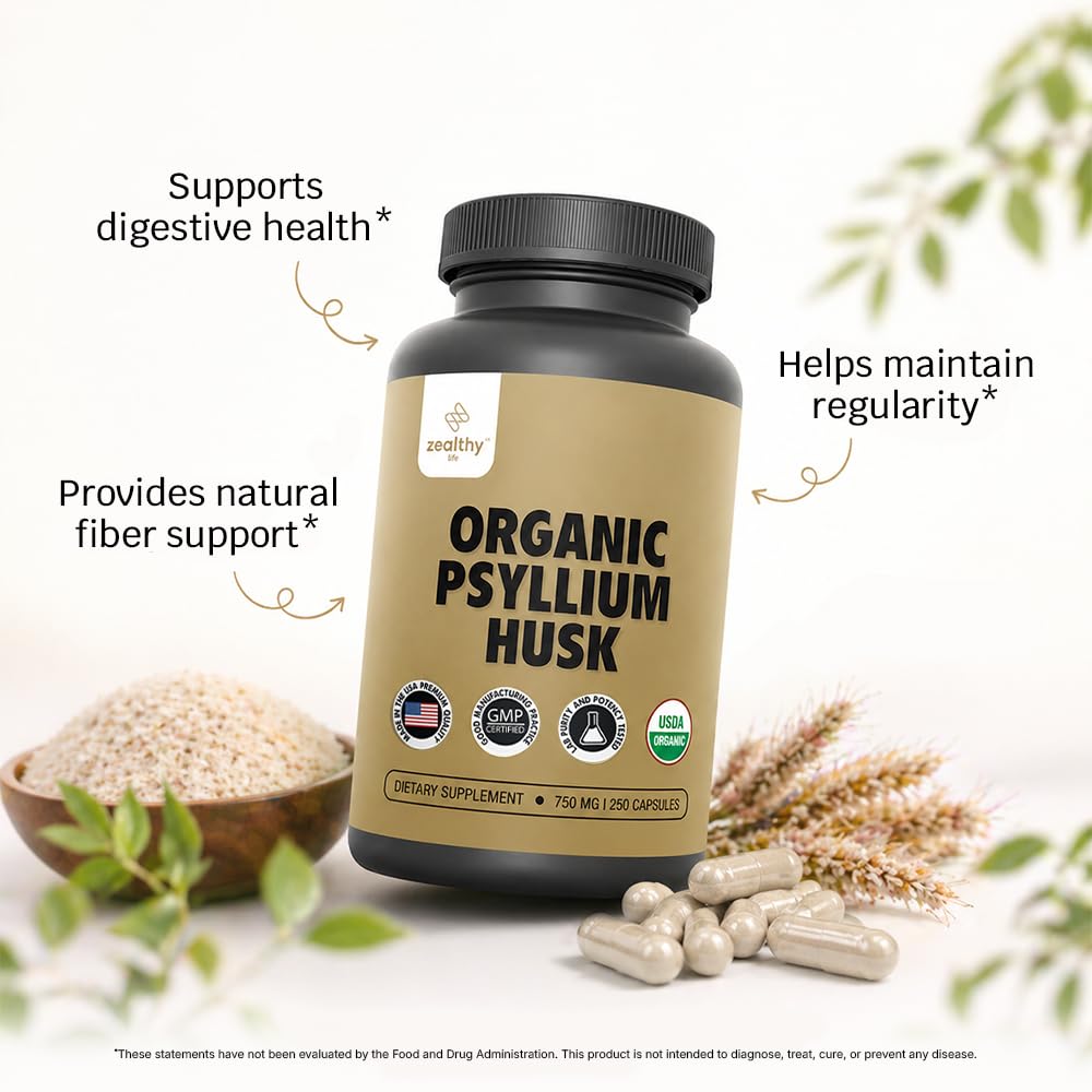 Organic Psyllium Husk Capsules 750 mg, 250 Capsules G36364