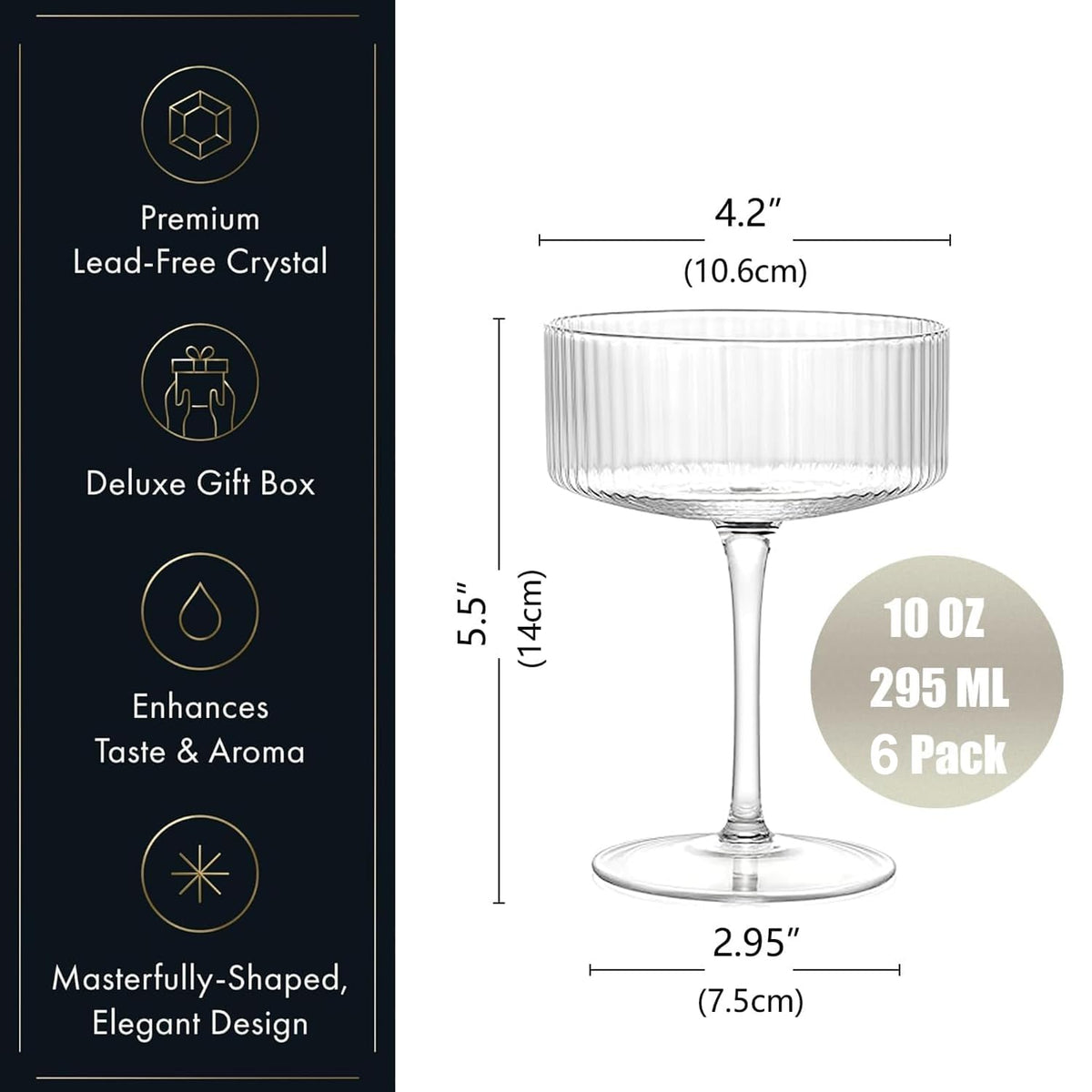 6 Pcs 10 oz Ribbed Coupe Glasses Set K322
