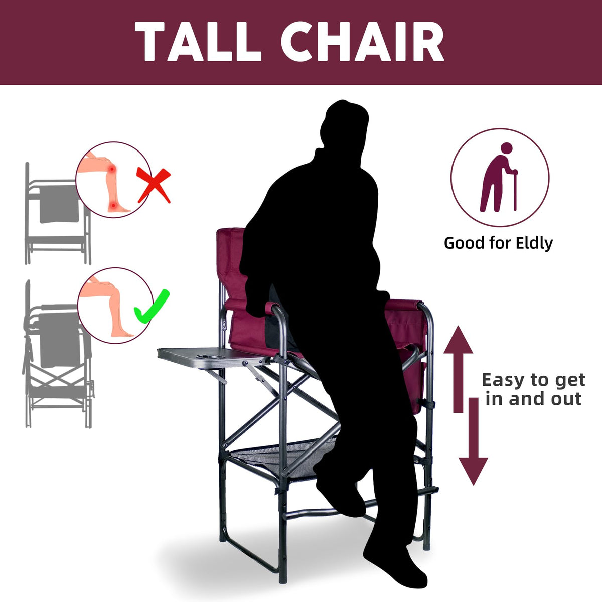 Wine Red Black Bar Height Folding Chair with Side Table M44036