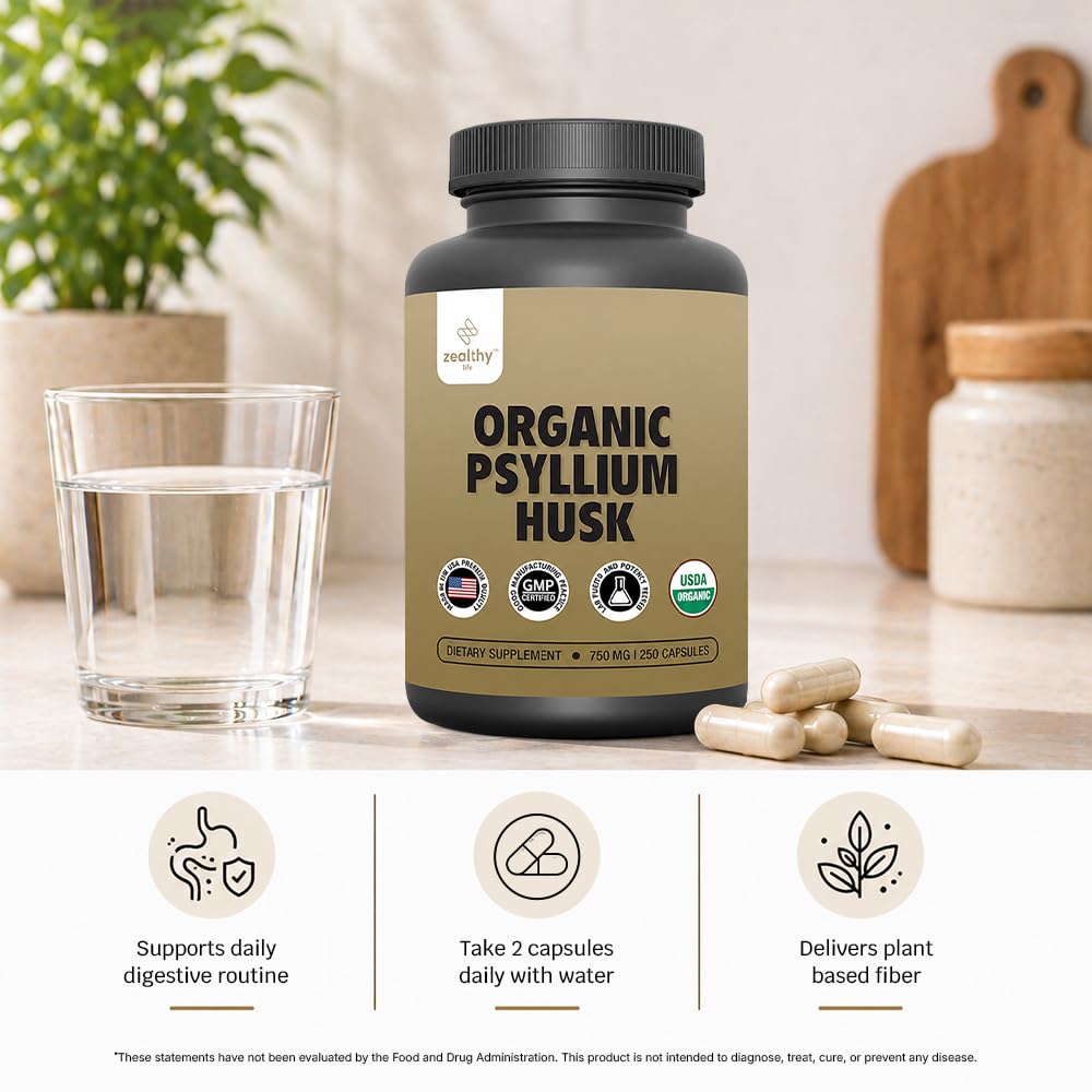 Organic Psyllium Husk Capsules 750 mg, 250 Capsules G36364