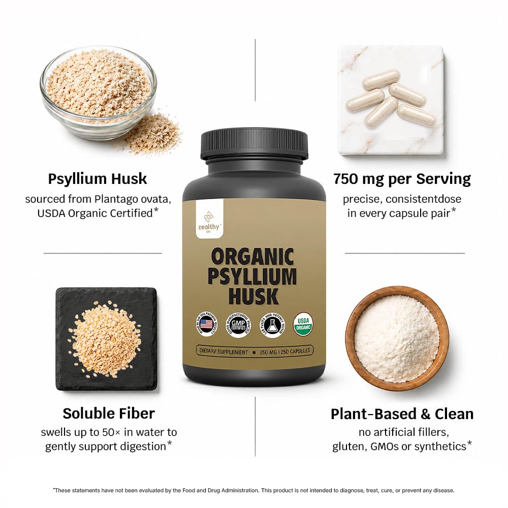 Organic Psyllium Husk Capsules 750 mg, 250 Capsules G36364