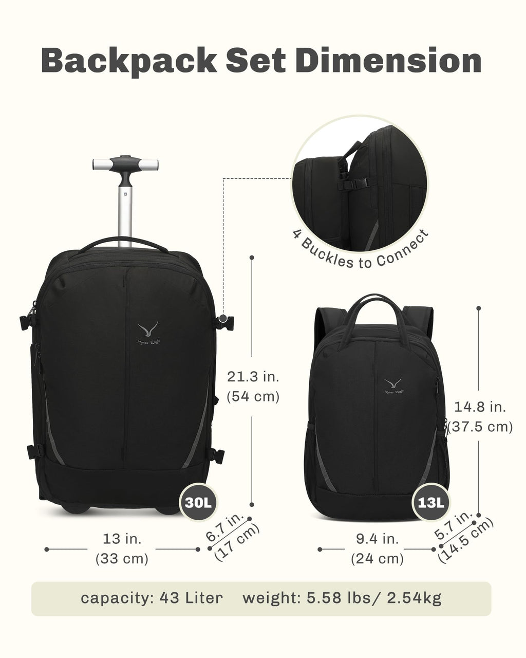 Rolling Backpack with Wheels 43L with Waist Pack Black F785264