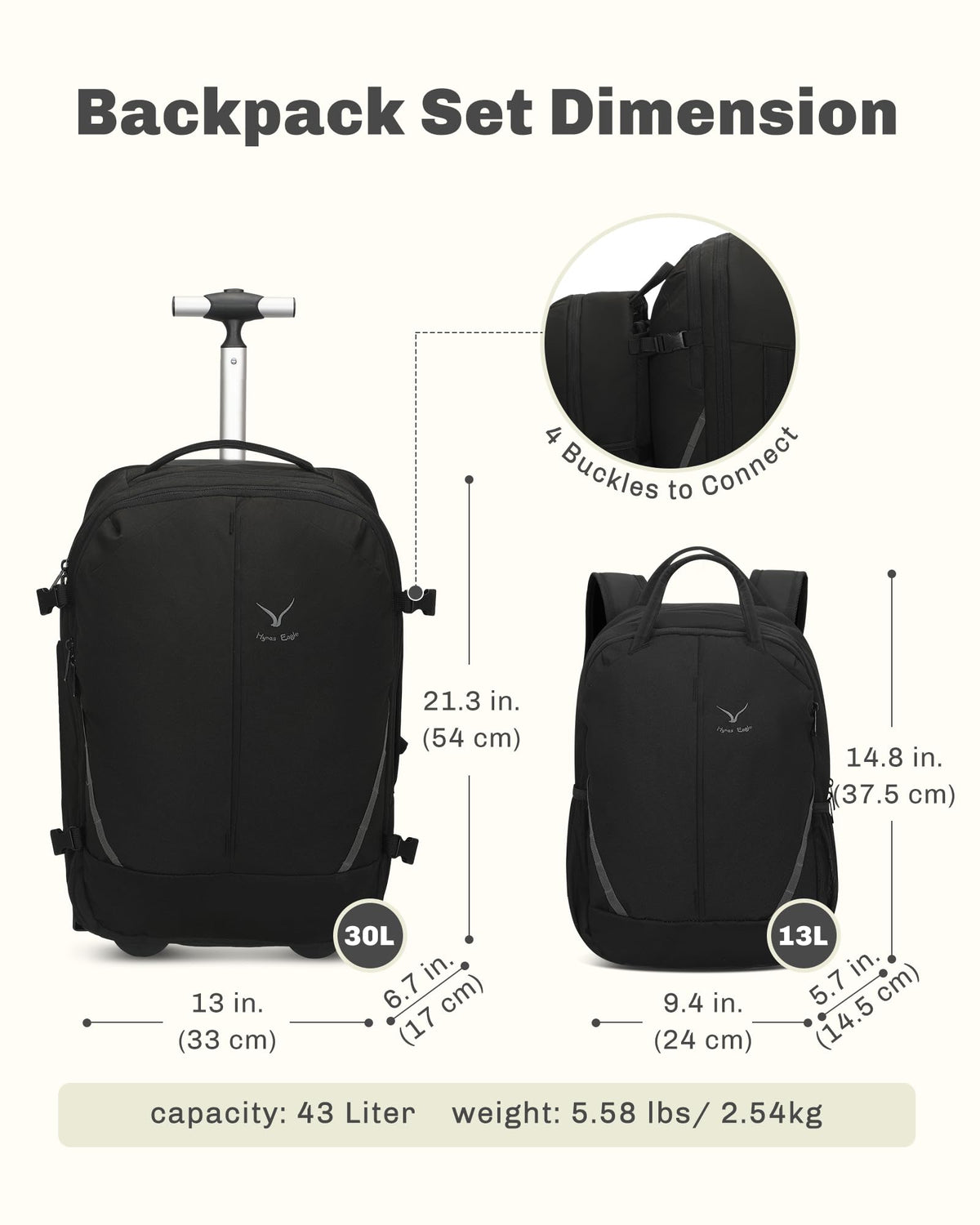 Rolling Backpack with Wheels 43L with Waist Pack Black F785264