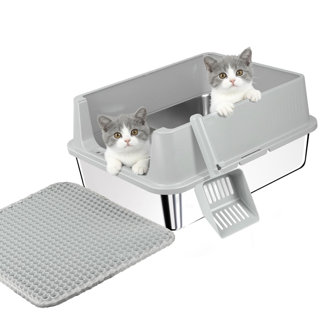 Stainless Steel Cat Litter Box with High Sides, Litter Mat, Scoop E18836