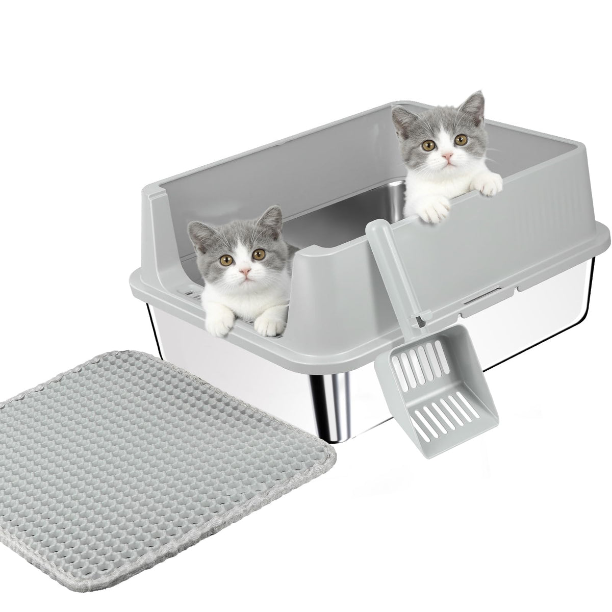 Stainless Steel Cat Litter Box with High Sides, Litter Mat, Scoop E18836