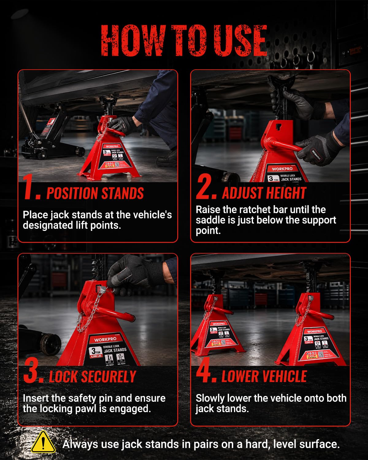 3 Ton Jack Stands with Double Lock, 1 Pair E605