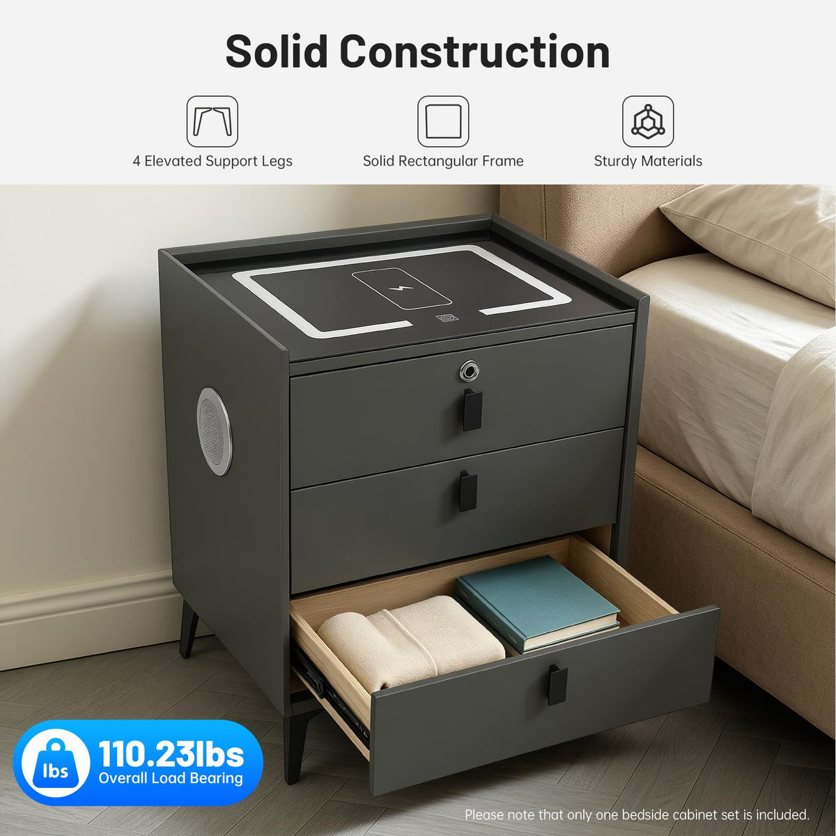 Smart LED Nightstand with Wireless Charging and Fingerprint Lock W43618