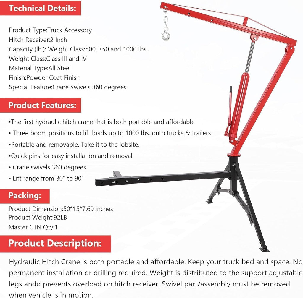 1000 LBS Hydraulic Truck Crane with 3 Adjustable Booms P25957