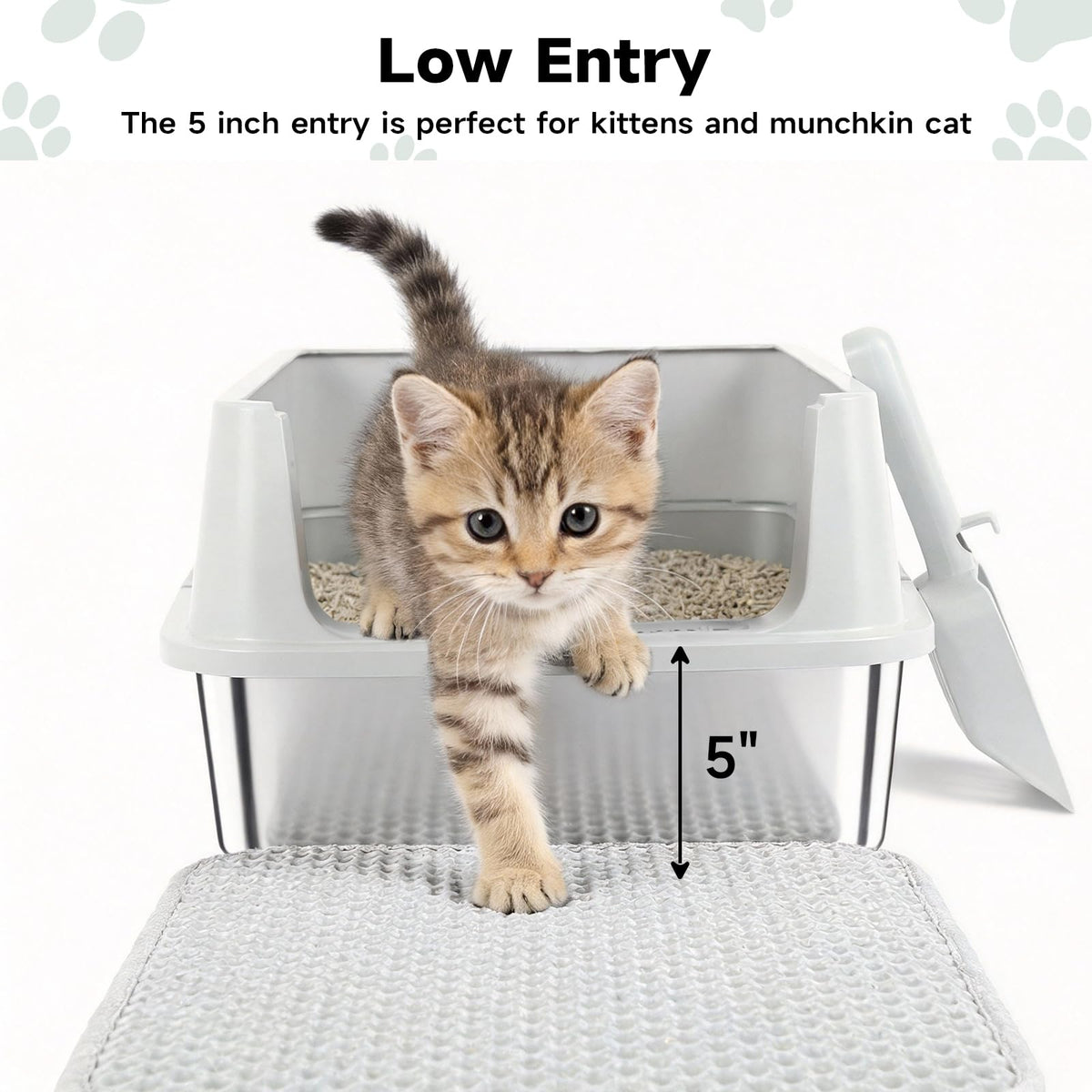 Stainless Steel Cat Litter Box with High Sides, Litter Mat, Scoop E18836