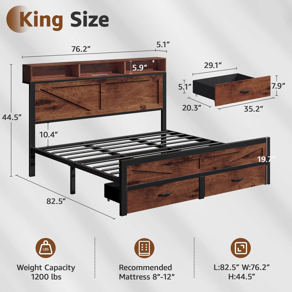 King Size Bed Frame with Storage Drawers and Charging Station Y301219