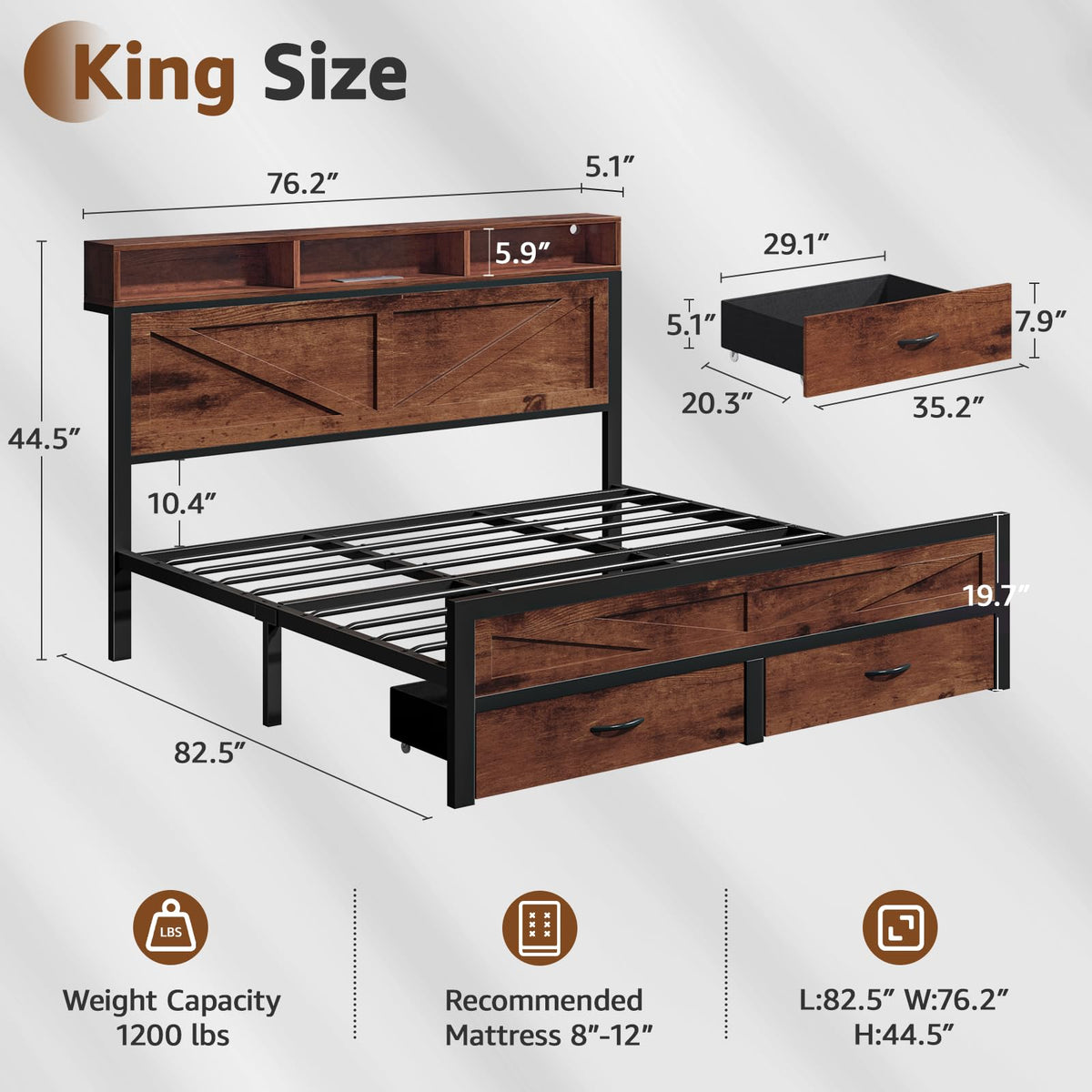 King Size Bed Frame with Storage Drawers and Charging Station Y301219