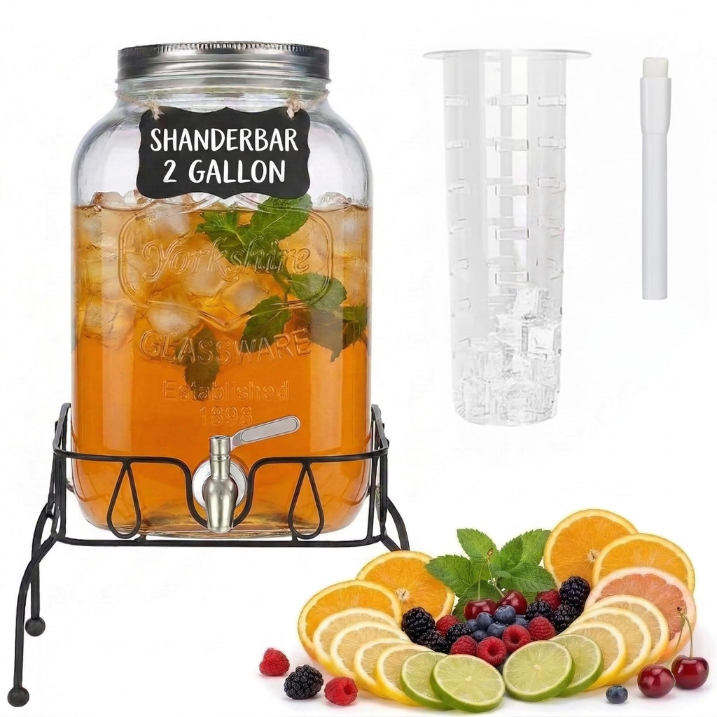 2 Gallon Glass Drink Dispenser with Stand and Lid T447398