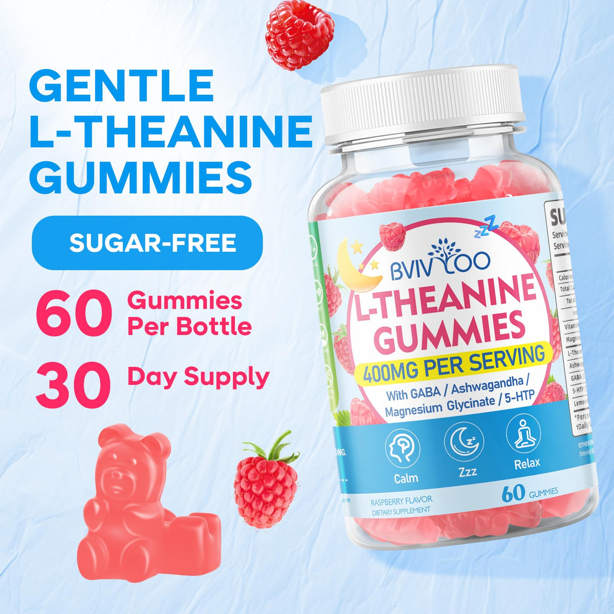 L-Theanine Gummies with Ashwagandha, GABA, 5-HTP, Magnesium Glycinate, Raspberry, 60 Count A52164