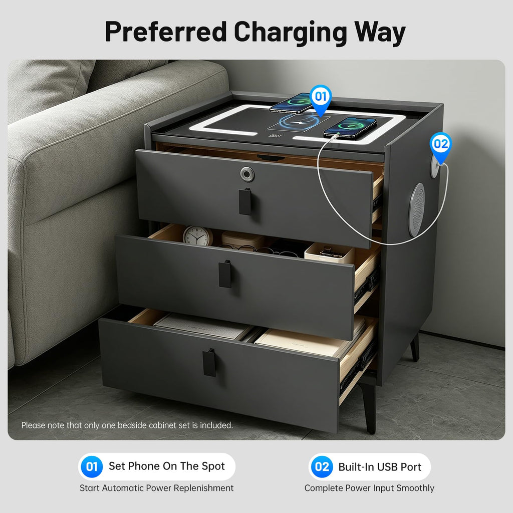 Smart LED Nightstand with Wireless Charging and Fingerprint Lock W43618
