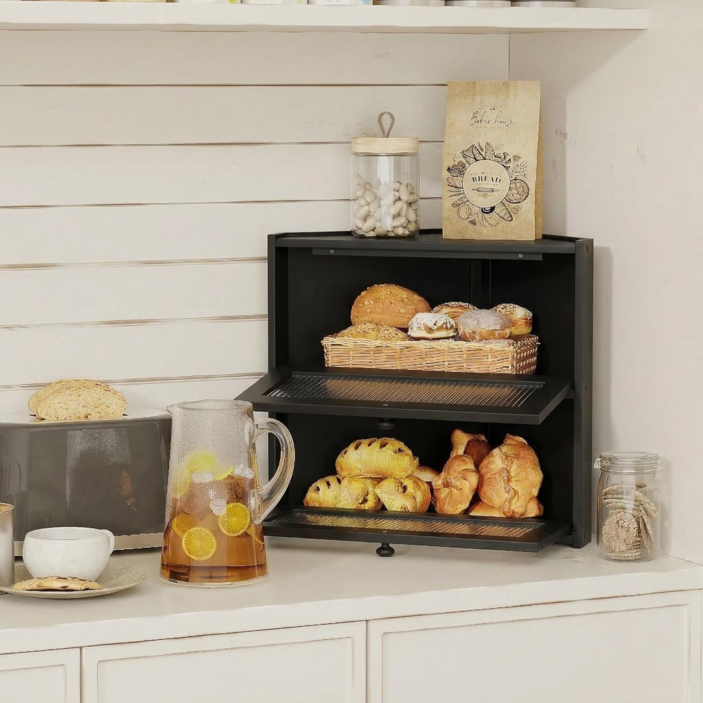 Double Layer Bamboo Bread Box with Wavy Windows F901