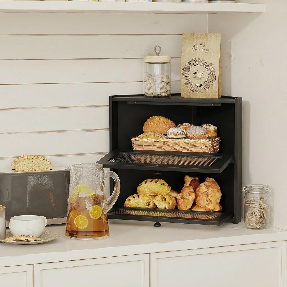 Double Layer Bamboo Bread Box with Wavy Windows F901