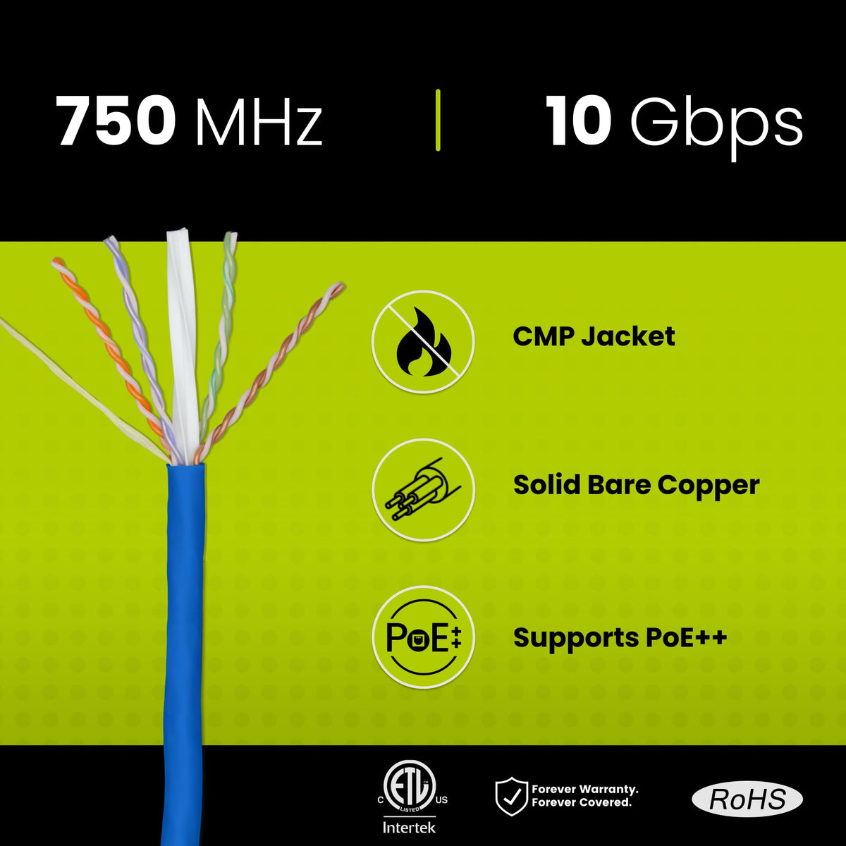 Cat6A Plenum Bulk Ethernet Cable 1000ft Blue 23AWG Bare Copper C320