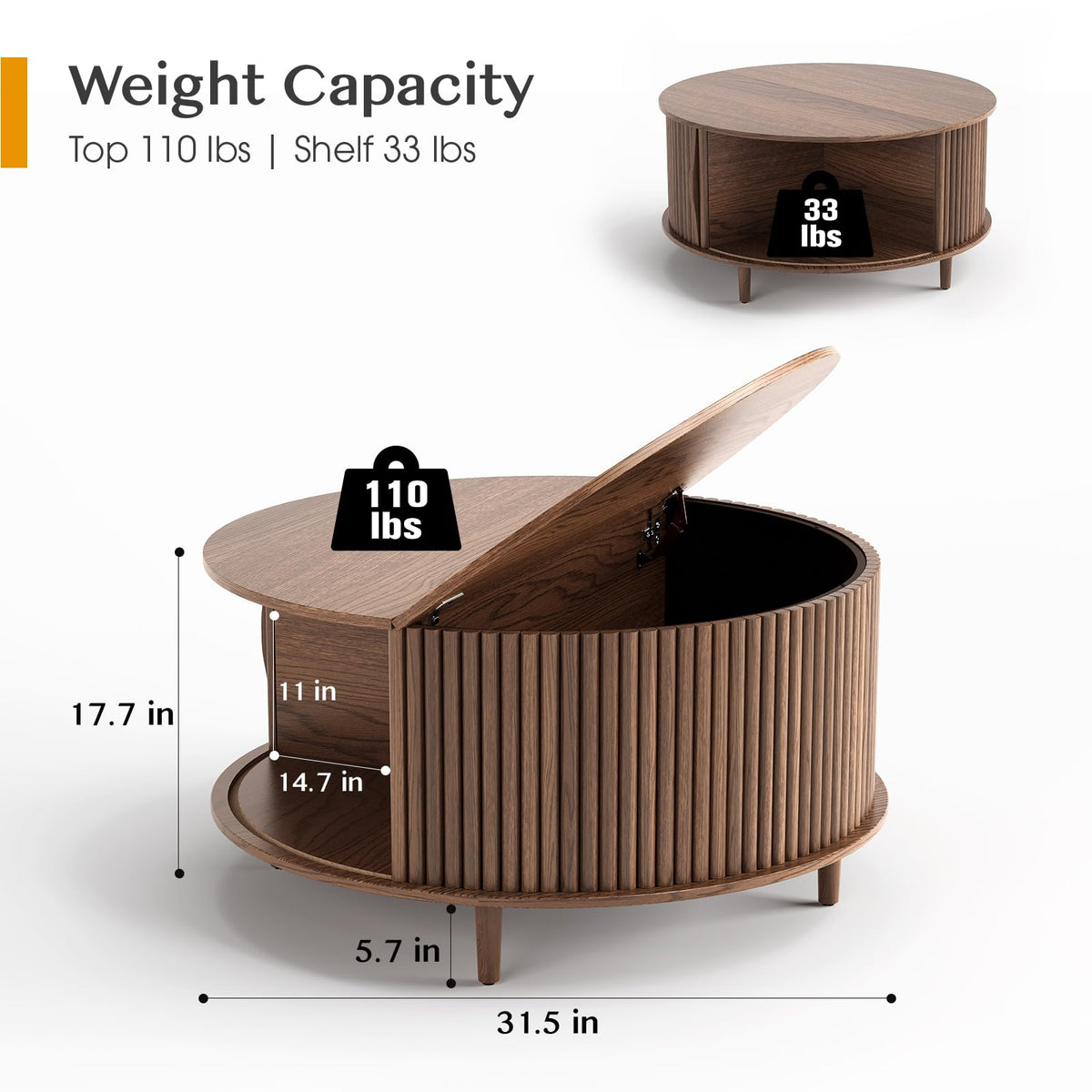 Round Coffee Table with Storage, 31.5", Walnut G3737