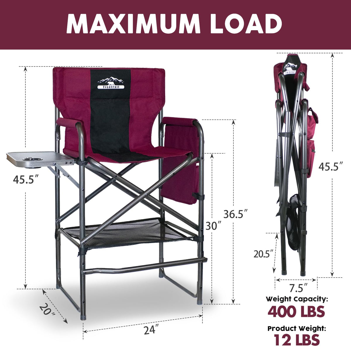 Wine Red Black Bar Height Folding Chair with Side Table M44036