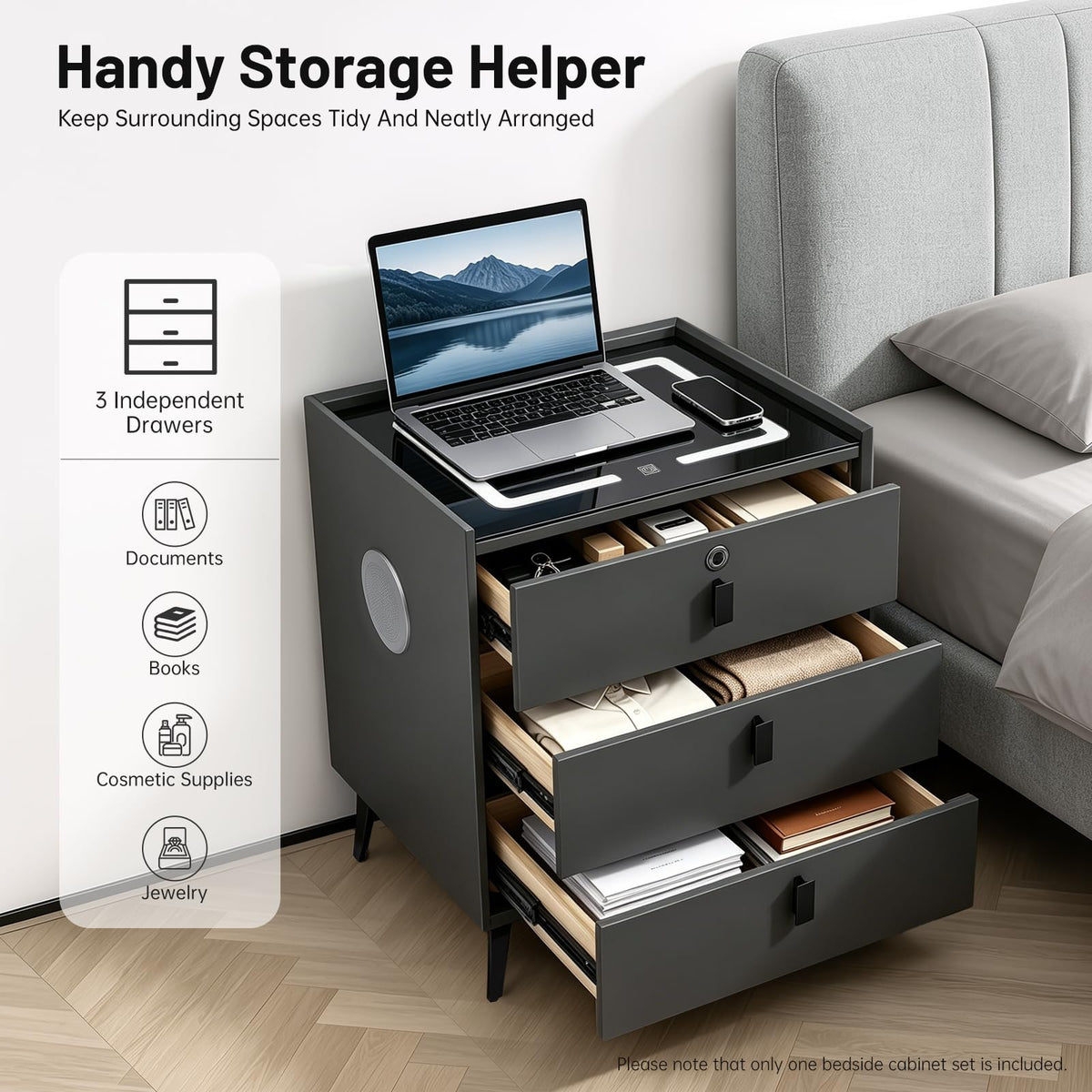 Smart LED Nightstand with Wireless Charging and Fingerprint Lock W43618