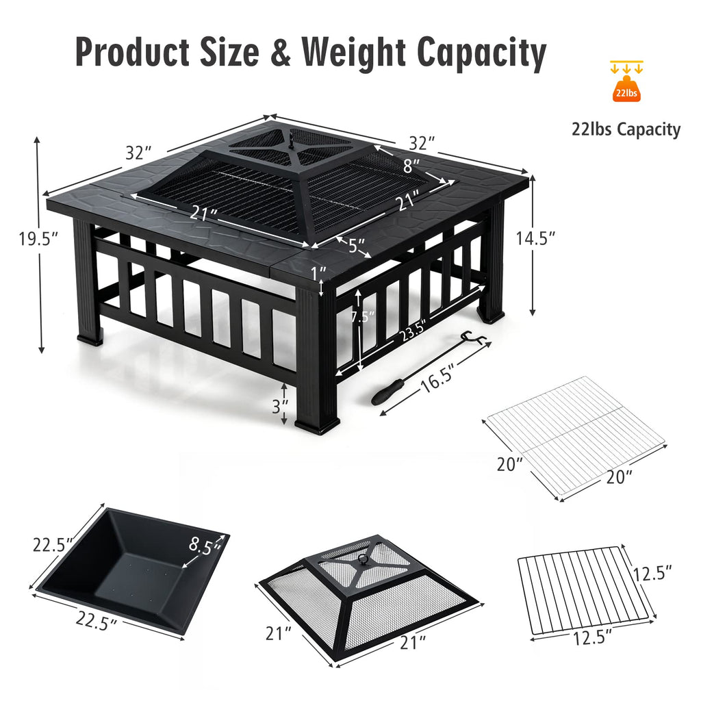32 inch 3 in 1 Wood Burning Fire Pit Table with BBQ Grill X8328