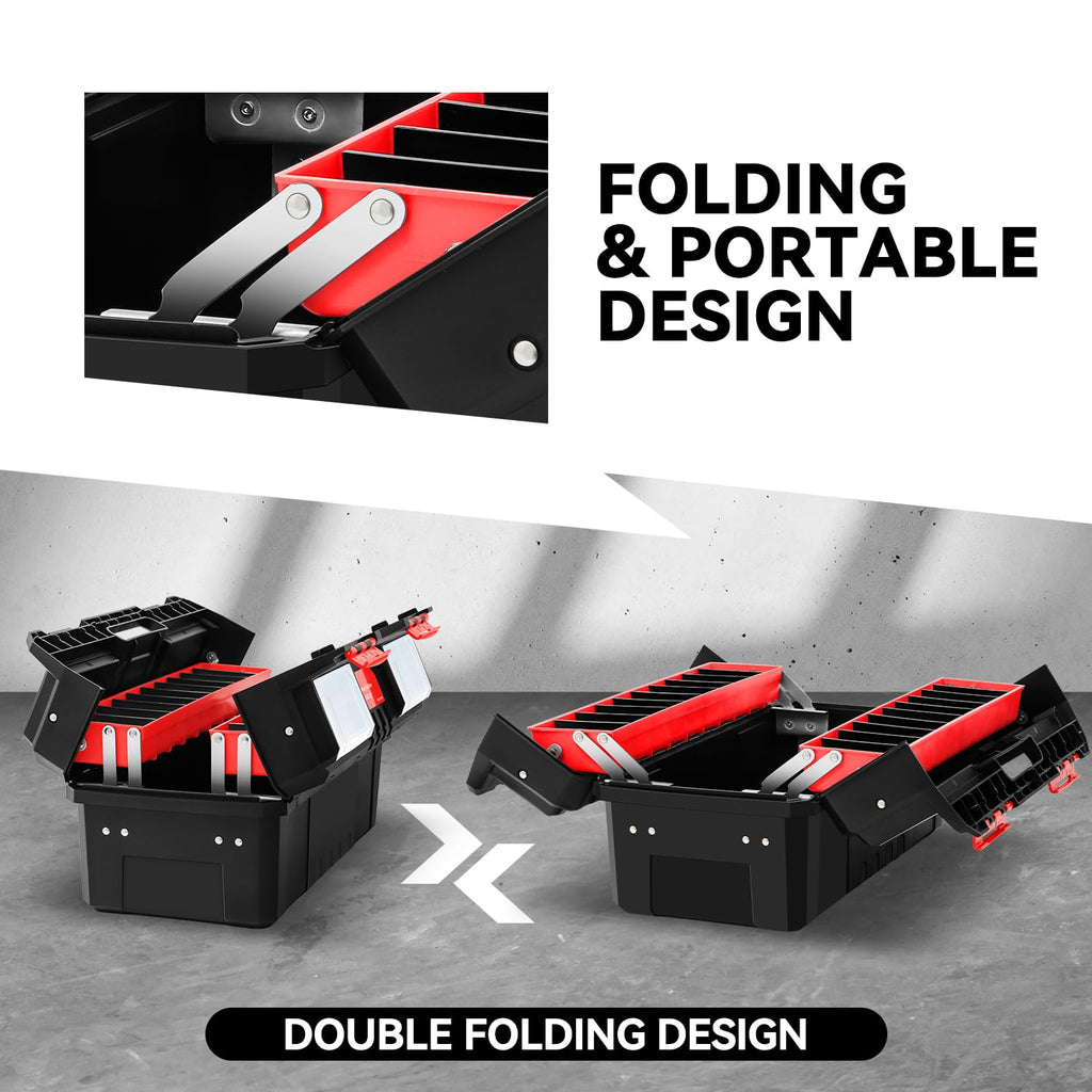 Foldable 2-layer Tool Box with Non-Slip Handle Tray Storage, Red M332188