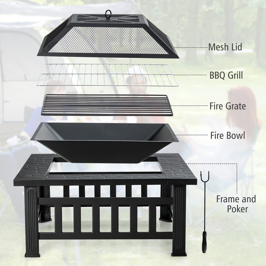 32 inch 3 in 1 Wood Burning Fire Pit Table with BBQ Grill X8328