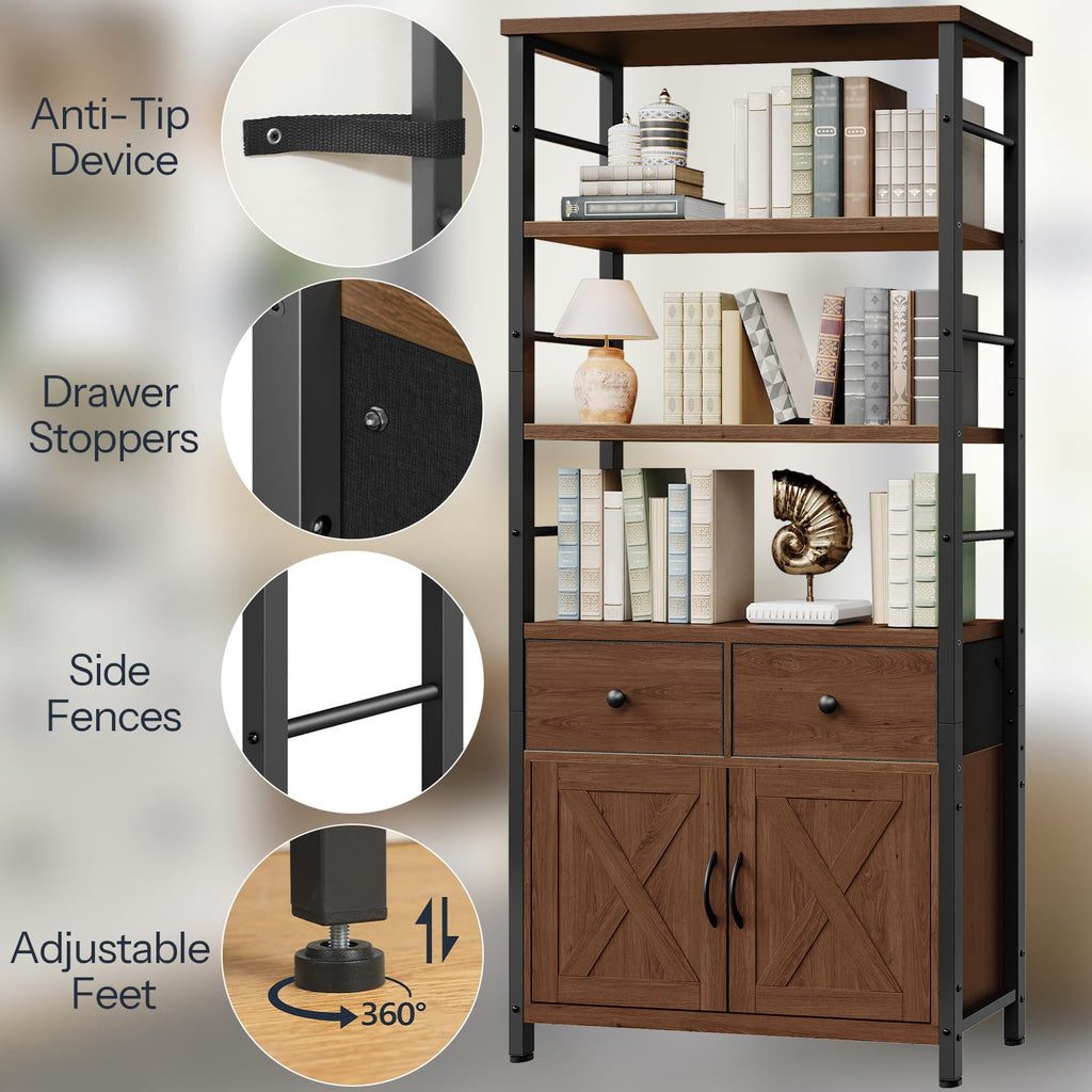 Wooden and Metal Bookshelf with Doors and Drawers H453709