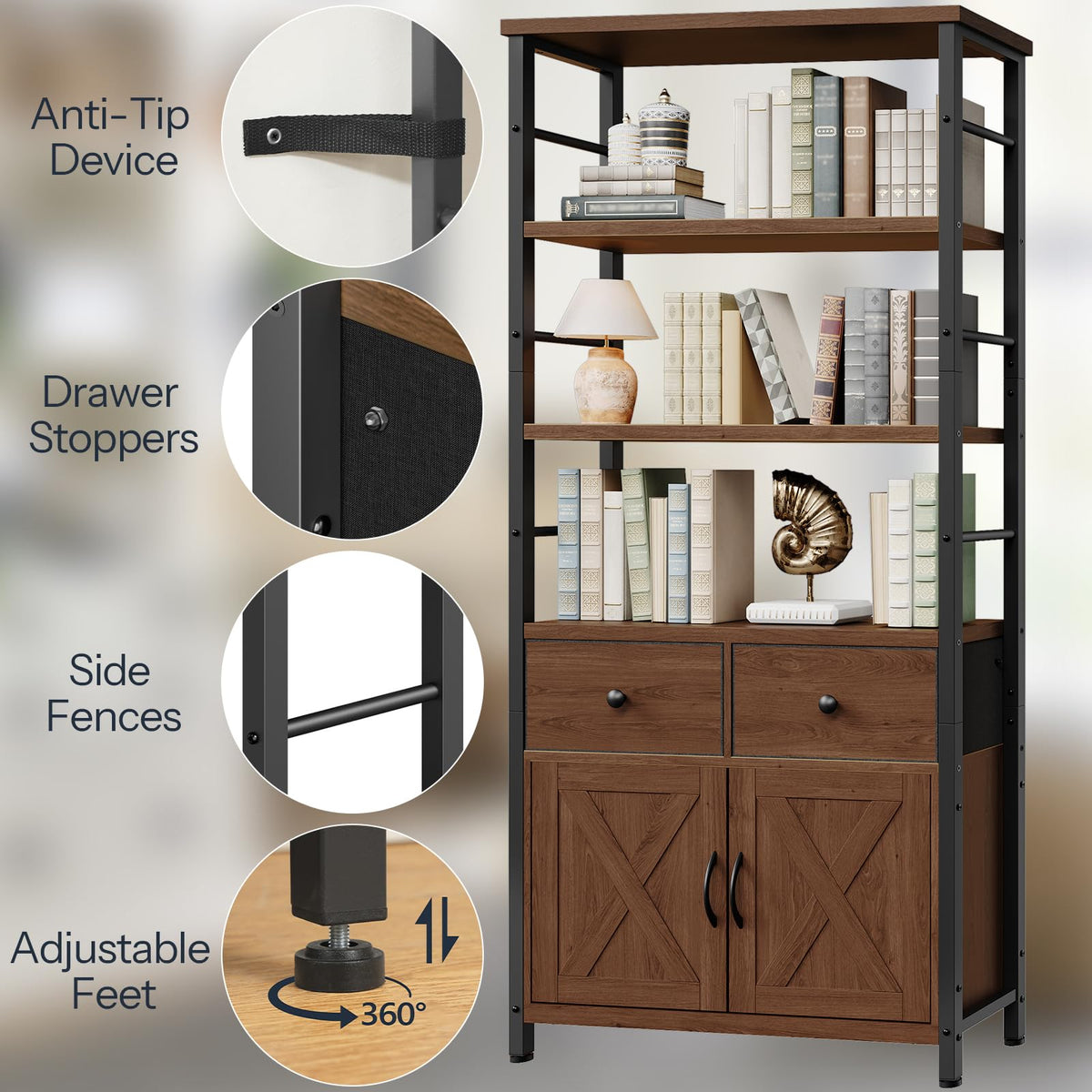 Wooden and Metal Bookshelf with Doors and Drawers H453709