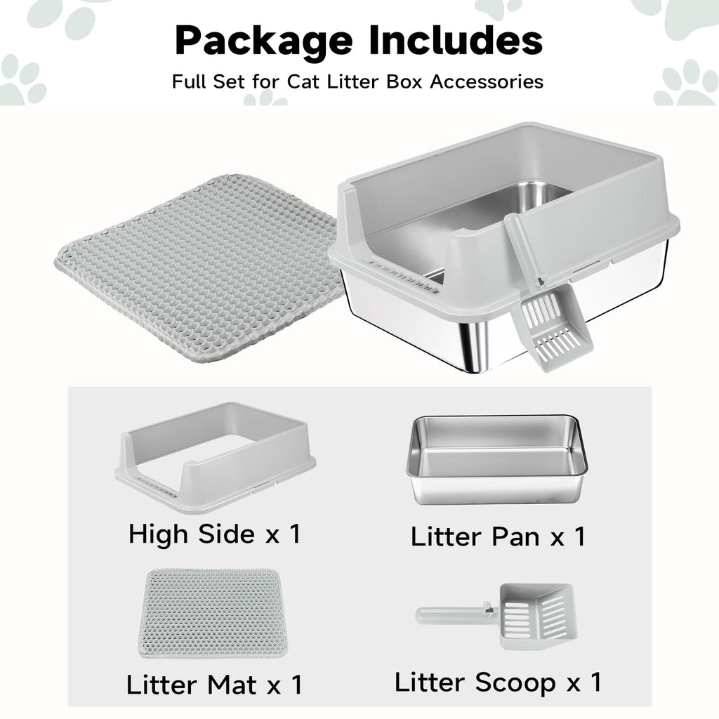 Stainless Steel Cat Litter Box with High Sides, Litter Mat, Scoop E18836