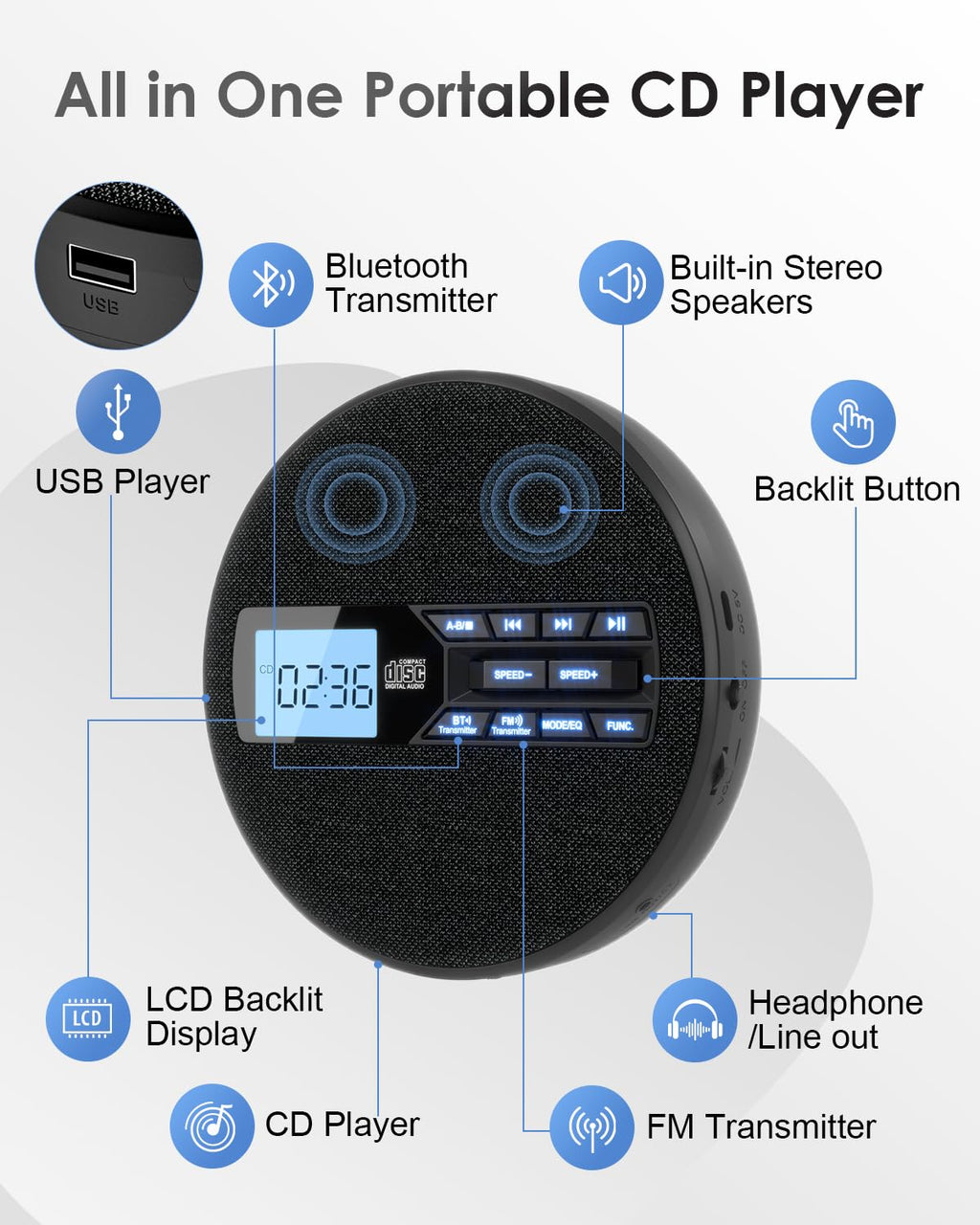 Portable CD Player with Bluetooth & FM Transmitter P22473