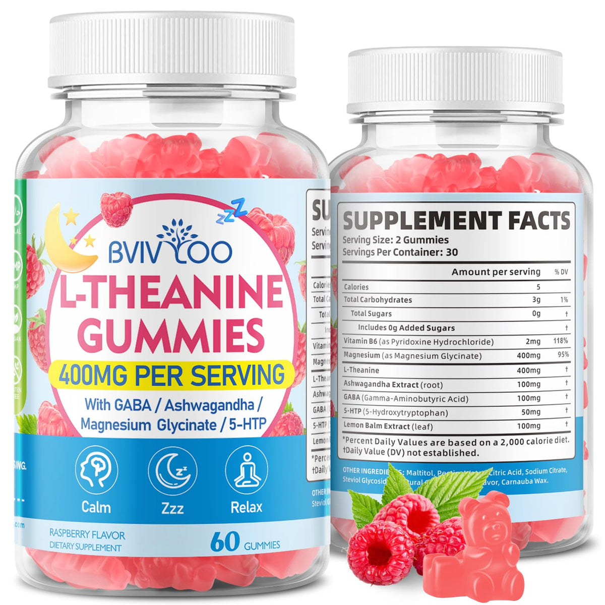 L-Theanine Gummies with Ashwagandha, GABA, 5-HTP, Magnesium Glycinate, Raspberry, 60 Count A52164
