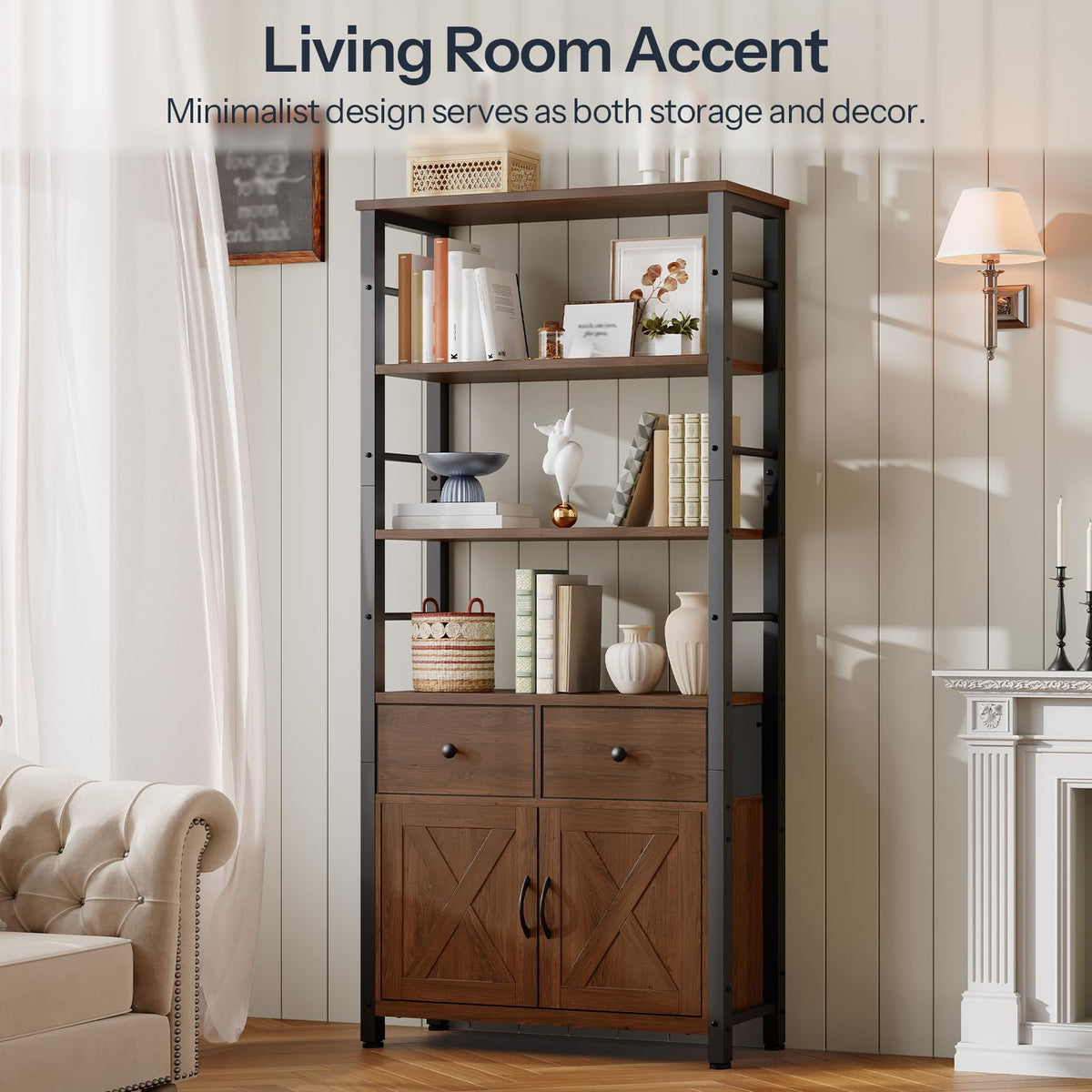 Wooden and Metal Bookshelf with Doors and Drawers H453709