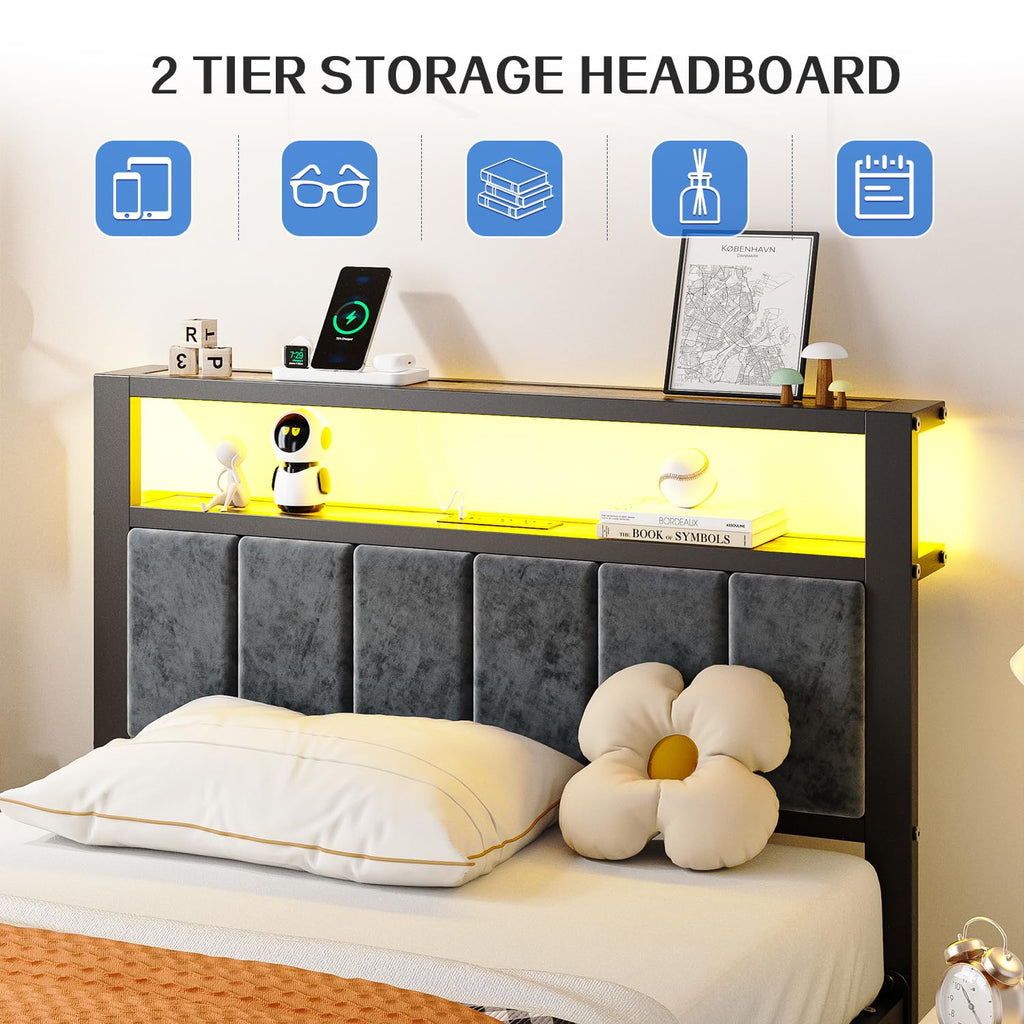 Twin Size Grey Upholstered Bed Frame R309