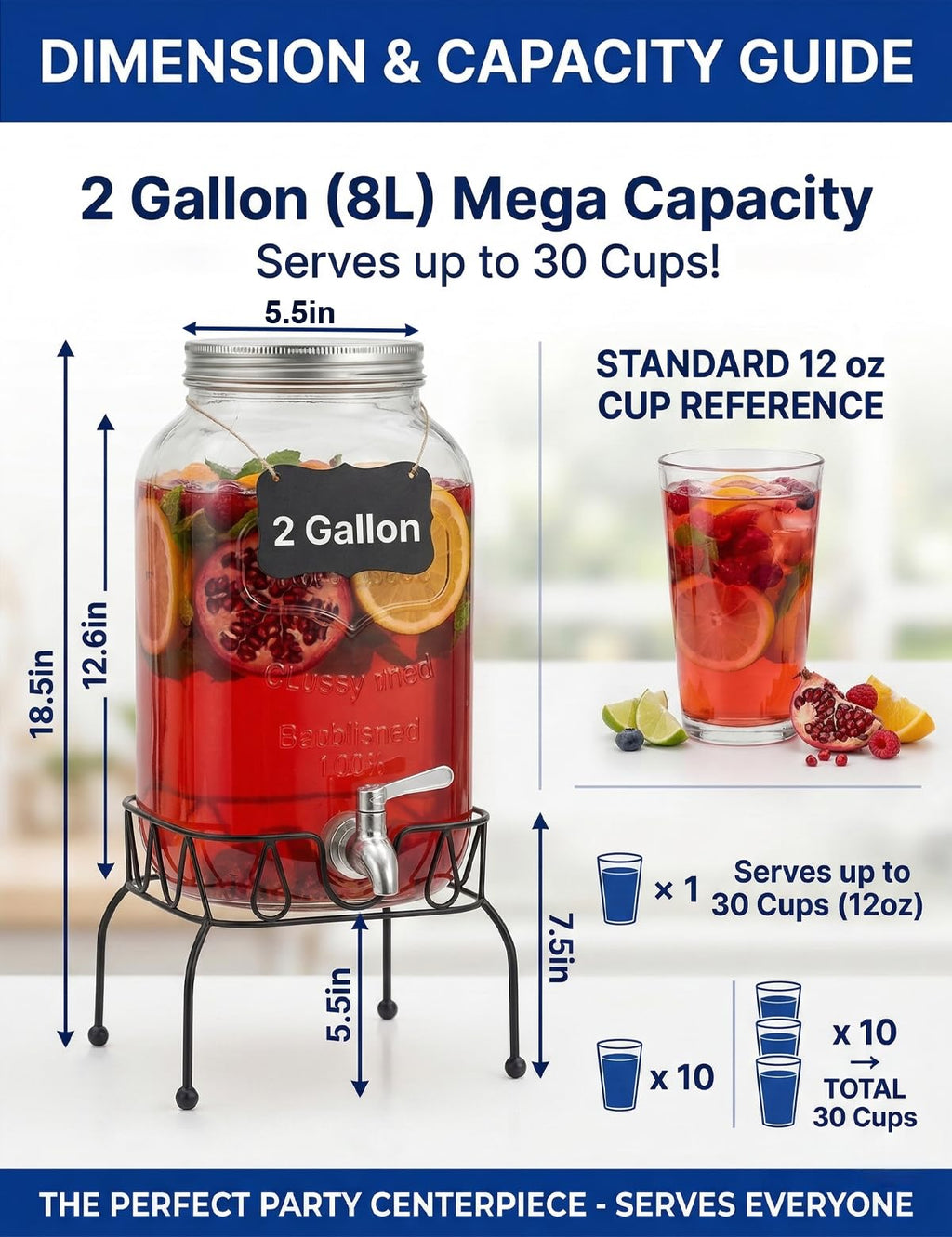 2 Gallon Glass Drink Dispenser with Stand and Lid T447398