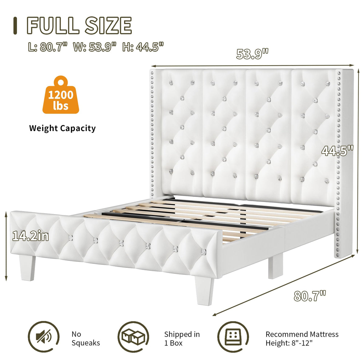White Upholstered Full Size Bed Frame with Headboard M884