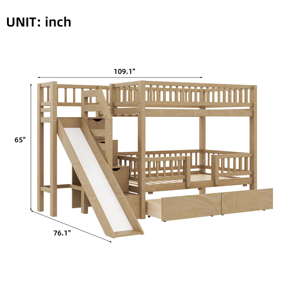 Twin Over Twin Bunk Bed with Slide and Storage Drawers U418513