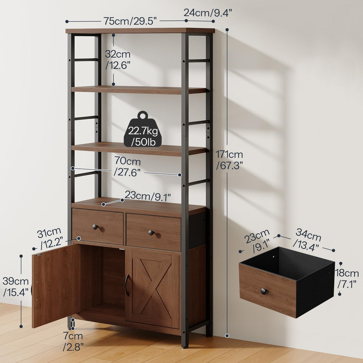 Wooden and Metal Bookshelf with Doors and Drawers H453709