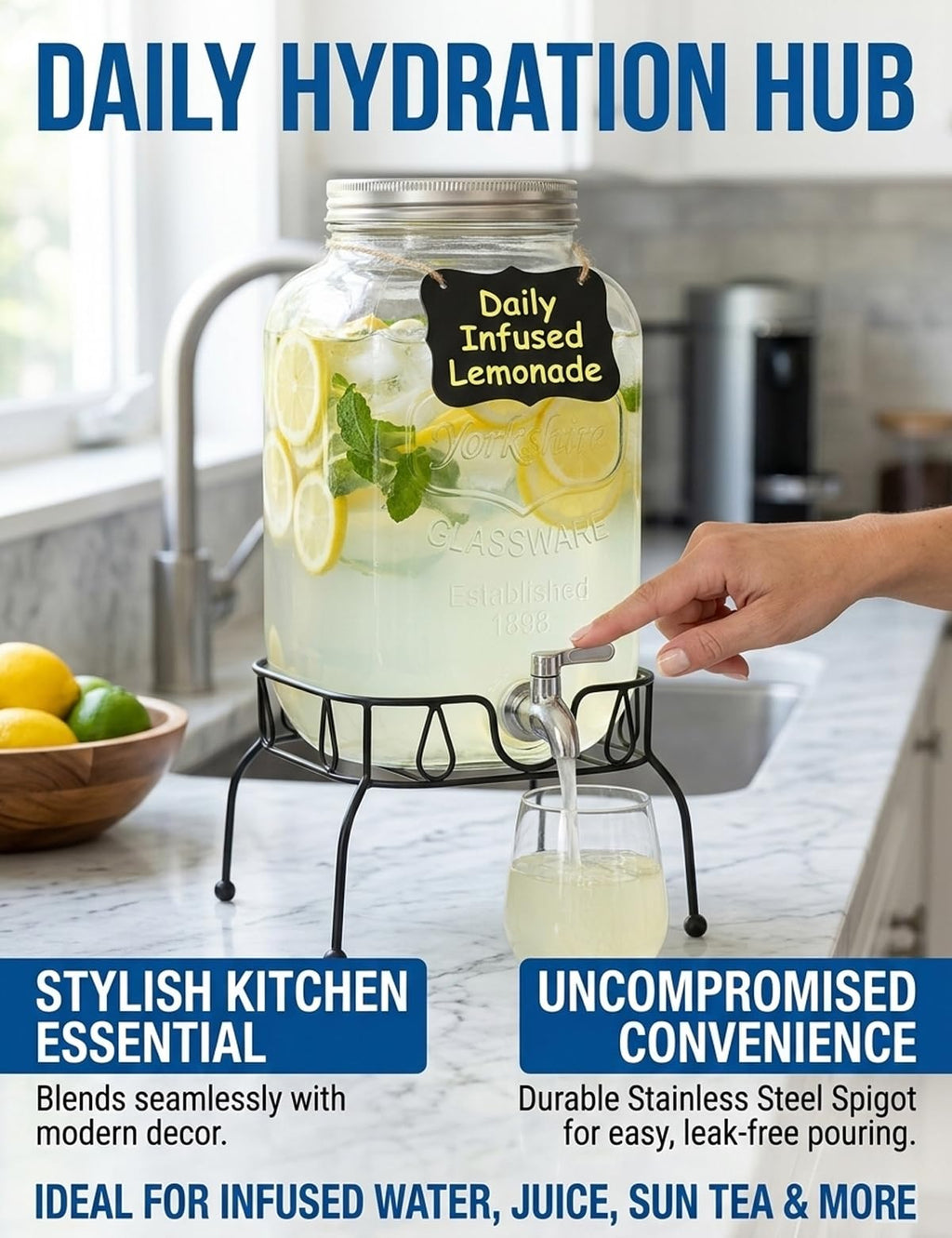 2 Gallon Glass Drink Dispenser with Stand and Lid T447398