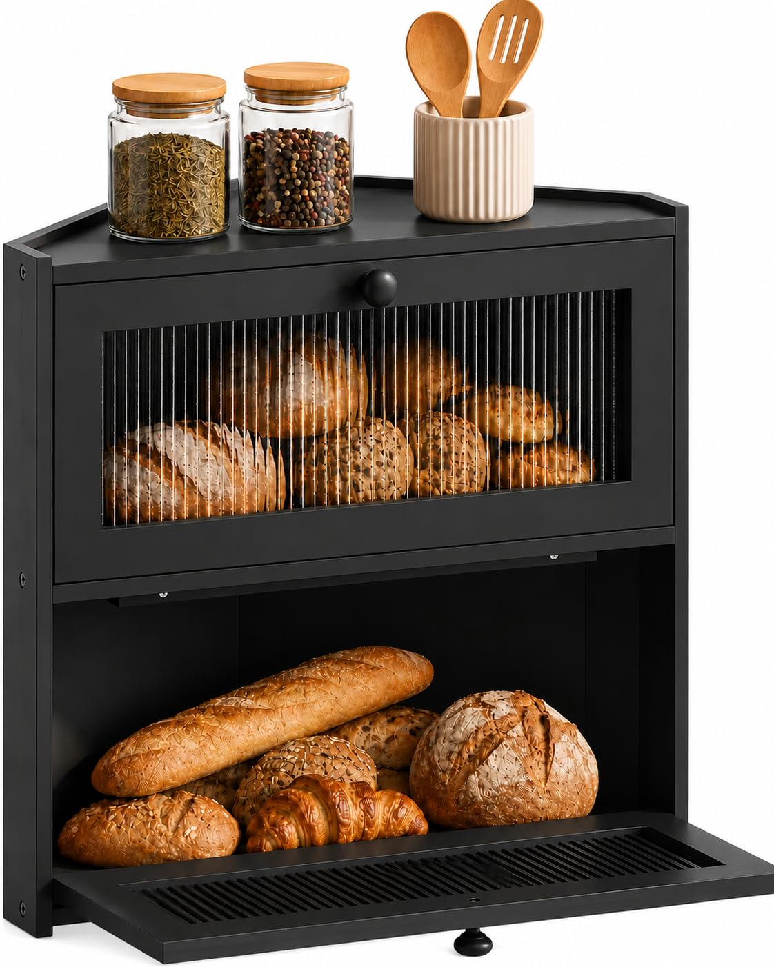 Double Layer Bamboo Bread Box with Wavy Windows F901