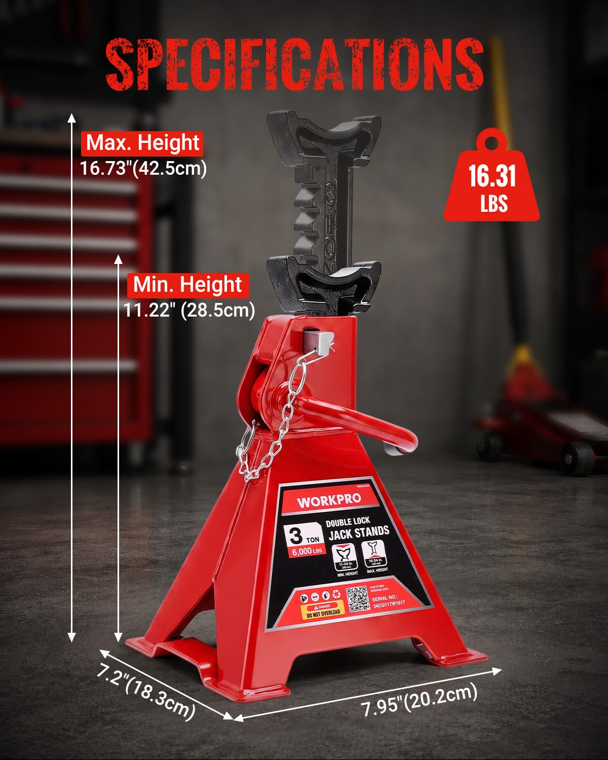 3 Ton Jack Stands with Double Lock, 1 Pair E605