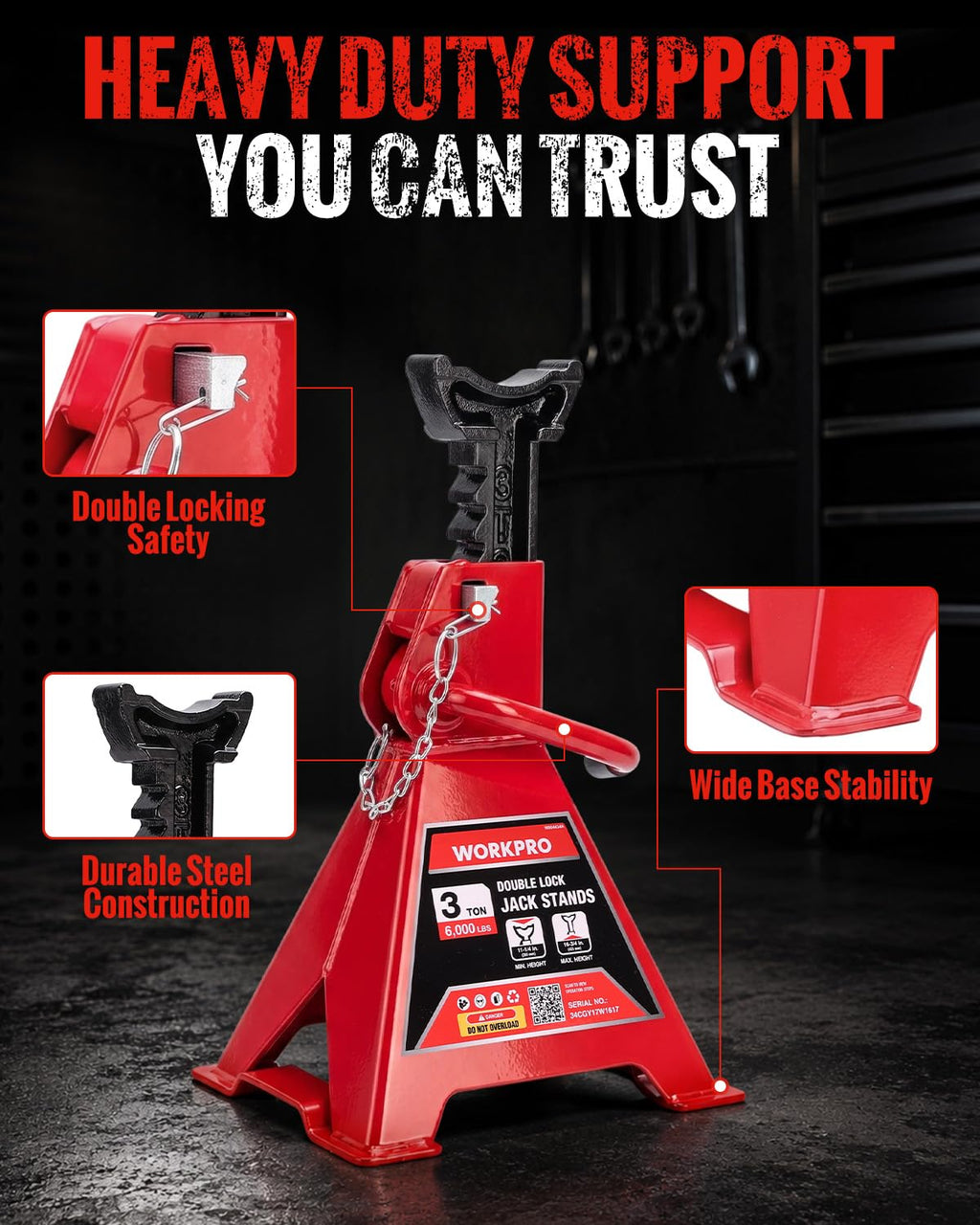 3 Ton Jack Stands with Double Lock, 1 Pair E605