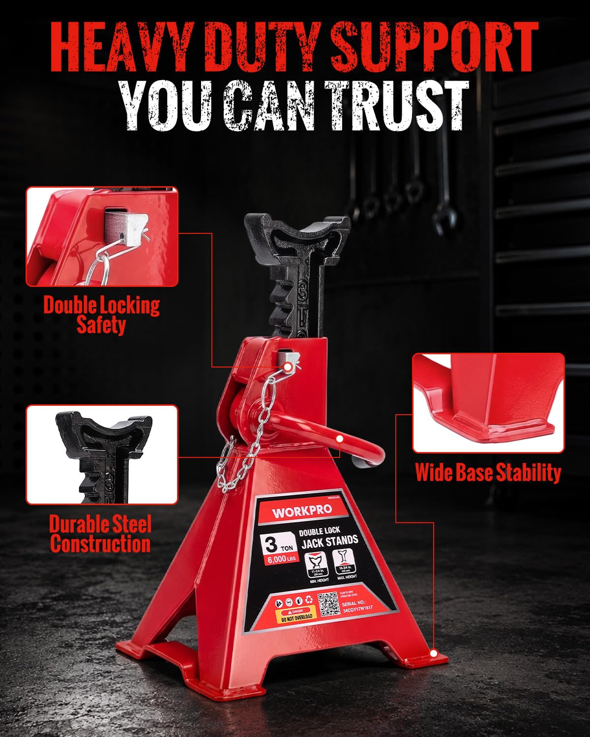 3 Ton Jack Stands with Double Lock, 1 Pair E605