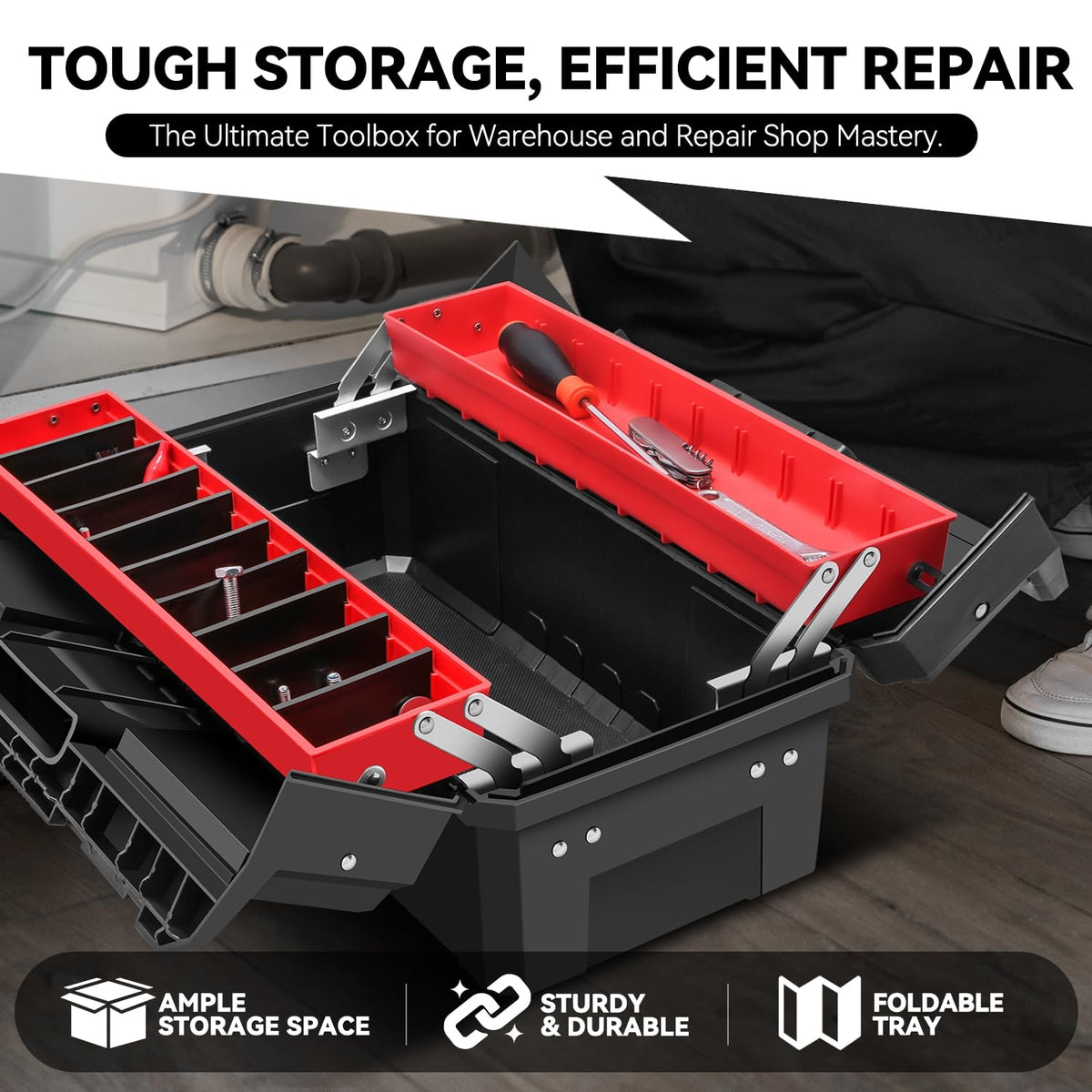 Foldable 2-layer Tool Box with Non-Slip Handle Tray Storage, Red M332188