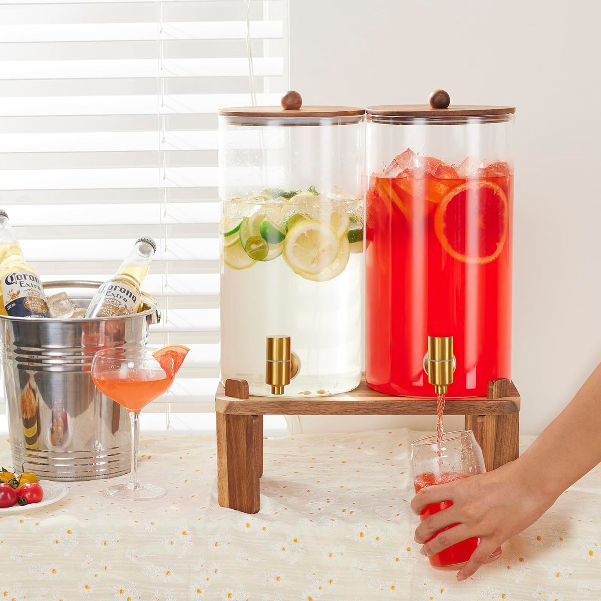 2pcs 1.5 Gallon Glass Drink Dispenser with Wood Stand O50280