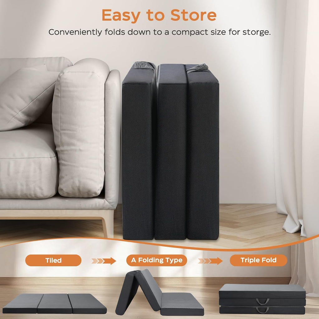 Twin 6-Inch Foam Tri Fold Floor Mattress with 2 Washable Covers Y426