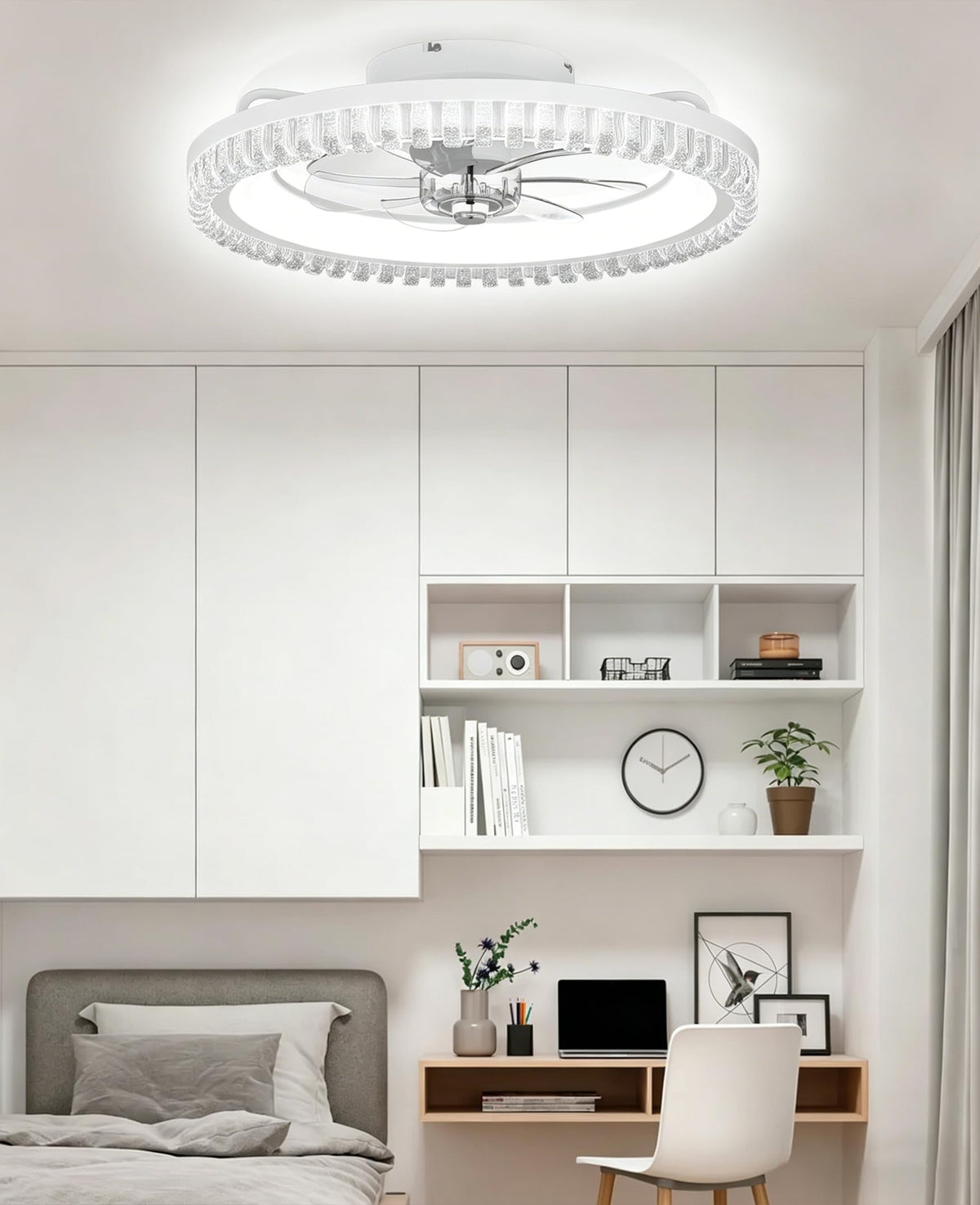 20" White Flush Mount Ceiling Fan with Light V69928